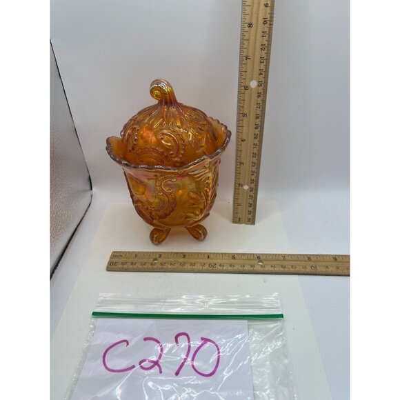Vintage Carnival Glass Lidded Candy Dish With Embossed Paisley & Leaf Design - Picture 6 of 6